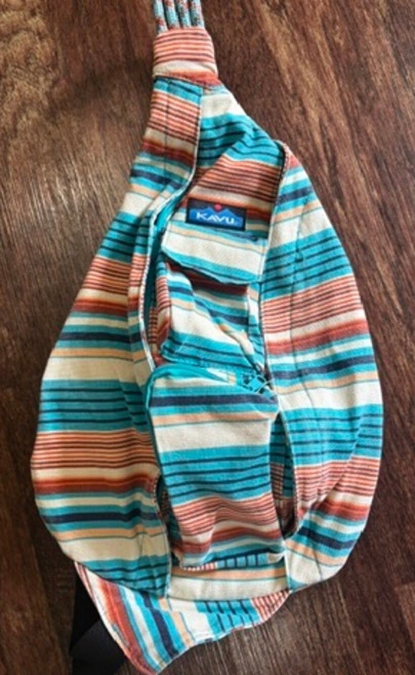 KAVU Rope Sling Bag Crossbody Teal Multi Striped Canvas Backpack